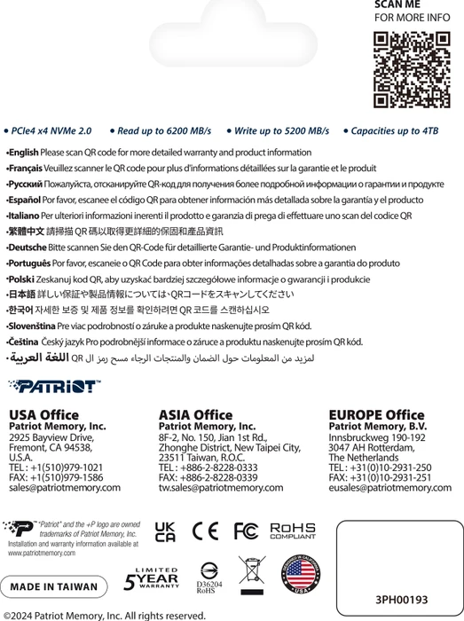 Patriot P400 V4 4TB, M.2 2280 / M-Key / PCIe 4.0 x4, Kühlkörper