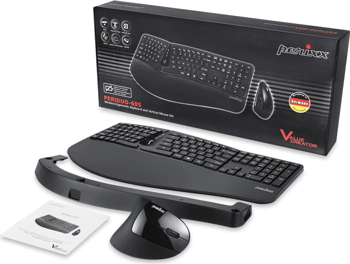 Perixx Periduo 605 Wireless Ergonomic Split Keyboard and Vertical Mouse Combo schwarz, USB, DE