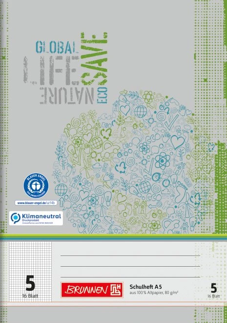 Brunnen Recycling Schulheft, A5, Lineatur 5, grau/grün, 16 Blatt