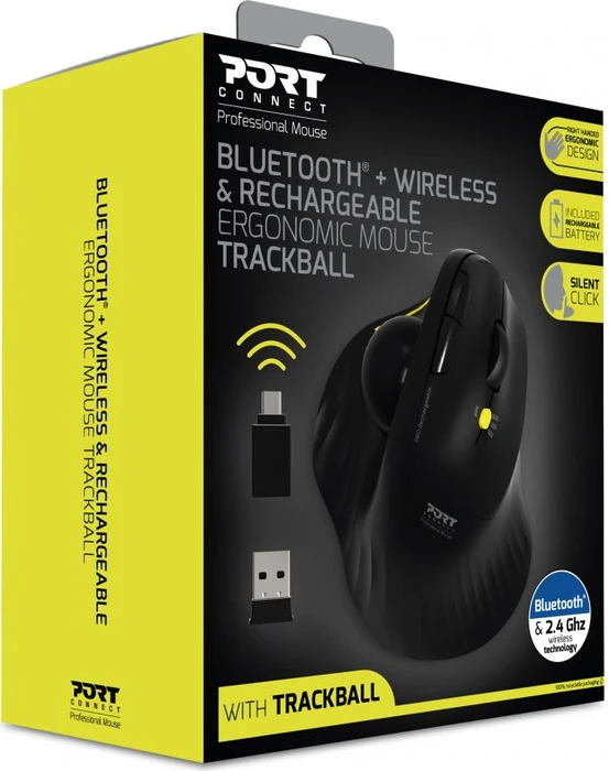 Port Designs Wireless Ergonomic Rechargeable Trackball, USB-A/Bluetooth