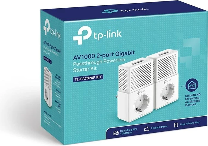 TP-Link Powerline AV1000 Passthrough Starter Kit V2.0, HomePlug AV2, 2x RJ-45, 2er-Pack