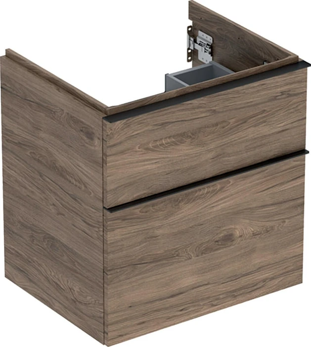 Geberit iCon Unterschrank für Handwaschbecken mit 2 Schubladen 59.2cm, Korpus und Front: Nussbaum hickory/Melamin Holzstruktur, Griff: lava/pulverbeschichtet matt
