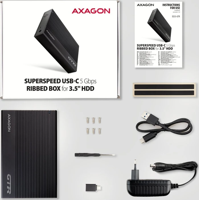 Axagon Ribbed Box Festplattengehäuse, schwarz, 3.5", USB-C 3.0
