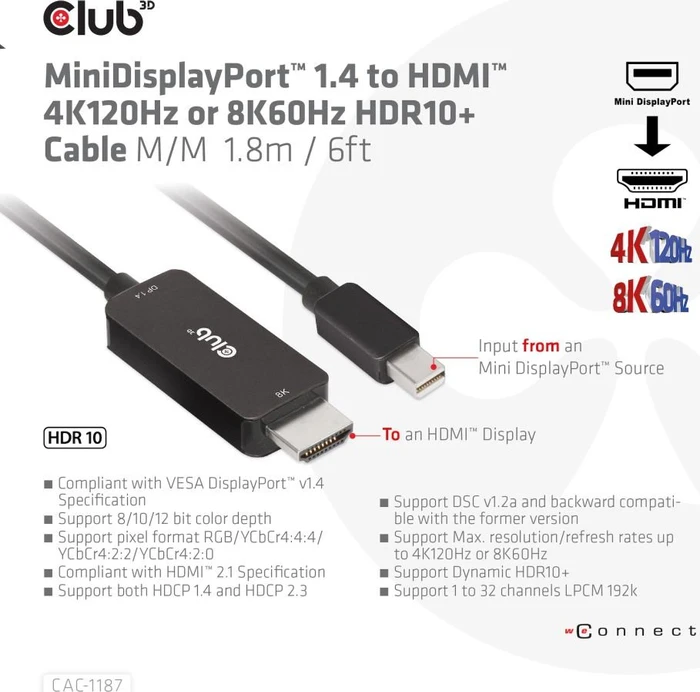 Club 3D Mini DisplayPort 1.4/HDMI 2.1 Adapterkabel schwarz, 1.80m