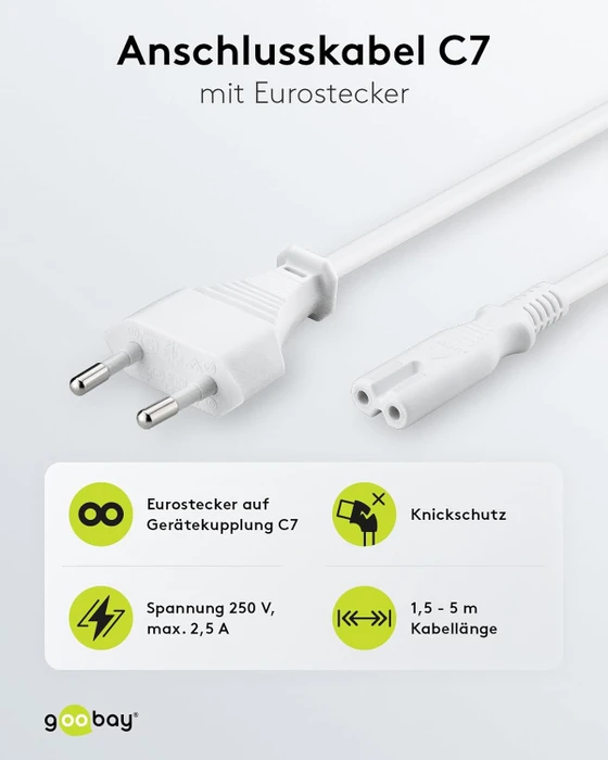 goobay Euro-Netzkabel, Eurostecker auf C7 Stecker, weiß, 1.5m