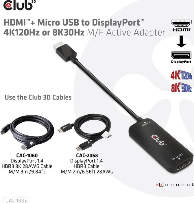 Club 3D aktives DisplayPort 1.4/HDMI 2.1 Adapterkabel schwarz, 0.15m