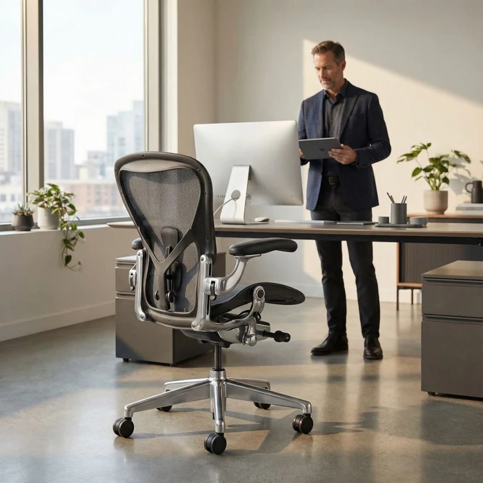 Herman Miller Aeron remastered Bürostuhl, Graphite grau, Größe B, Armlehnen Vinyl, Fußkreuz/Mechanik Alu-poliert