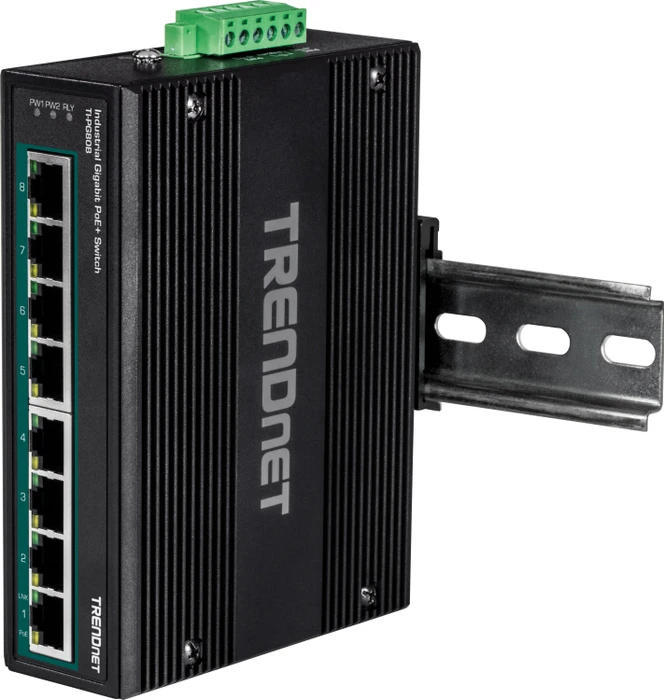 TRENDnet TI Hardened Industrial Railmount Gigabit Switch, 8x RJ-45, 200W PoE+