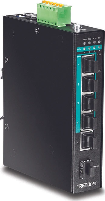 TRENDnet TI Hardened Industrial Railmount Gigabit Switch, 5x RJ-45, 1x SFP, 120W PoE+