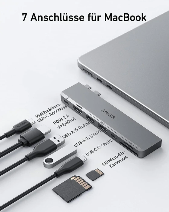 Anker 547 PowerExpand Direct 7-in-2 USB-C PD Media Hub, 2x USB4 [Stecker]