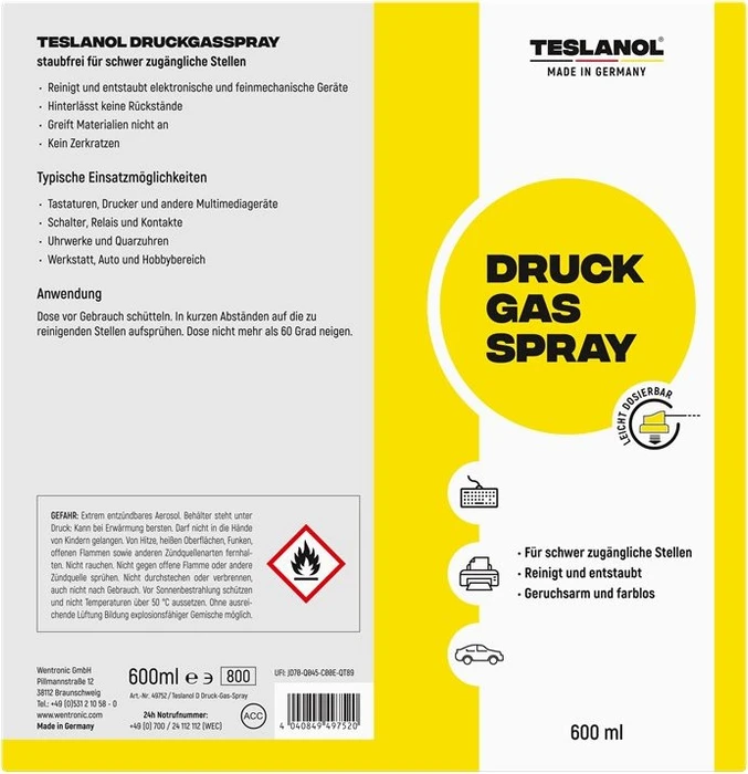 Teslanol Druckgasspray zum Reinigen und Entstauben, 600ml