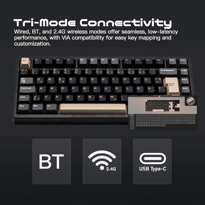 Wobkey Rainy 75 Pro, schwarz, LEDs RGB, Kailh Cocoa, USB/Bluetooth, DE