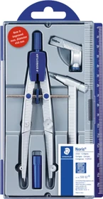 Staedtler Noris Club 550 Schulzirkel Metall mit Mittelrad, Universaladapter, Verlängerung, silber/blau, Klappdeckeletui