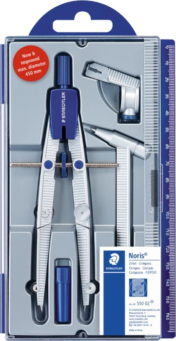 Staedtler Noris Club 550 Schulzirkel Metall mit Mittelrad, Universaladapter, Verlängerung, silber/blau, Klappdeckeletui