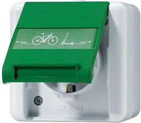 Jung SCHUKO-Steckdose 16 A 250 V ~ mit E-Bike-Ladesymbol, mit Schriftfeld, Klappdeckel, WG 800, grau/grün