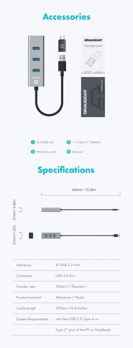 Graugear G-HUB4-AC, USB-Hub, 4x USB-A 3.0, USB-A/USB-C 3.0 [Stecker]