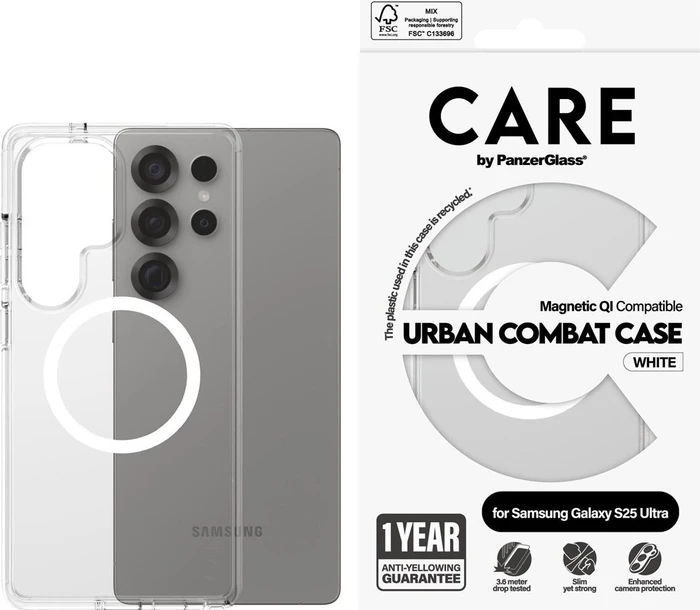 PanzerGlass Care Flagship Case Urban Combat Magnetic Qi für Samsung Galaxy S25 Ultra transparent/weiß
