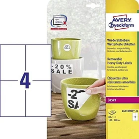 Avery-Zweckform Etiketten wetterfeste, A6, ablösbar, wetterfest, weiß, 20 Blatt (80 Etiketten)