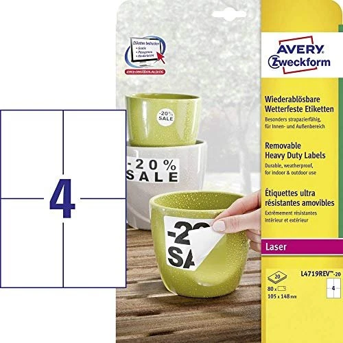 Avery-Zweckform Etiketten wetterfeste, A6, ablösbar, wetterfest, weiß, 20 Blatt (80 Etiketten)