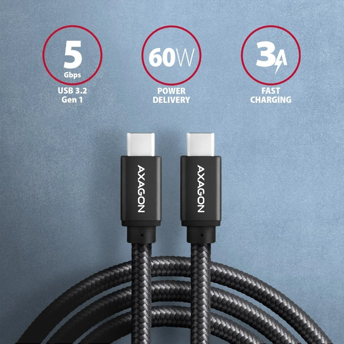 Axagon USB-C Kabel, USB 3.0, 5Gb/s, 60W PD, USB-C [Stecker] auf USB-C [Stecker], 1m