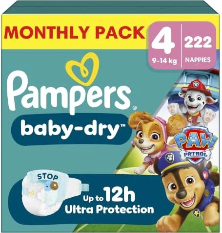 Pampers Baby-Dry Gr.4 Paw Patrol Einwegwindel, 9-14kg, 222 Stück