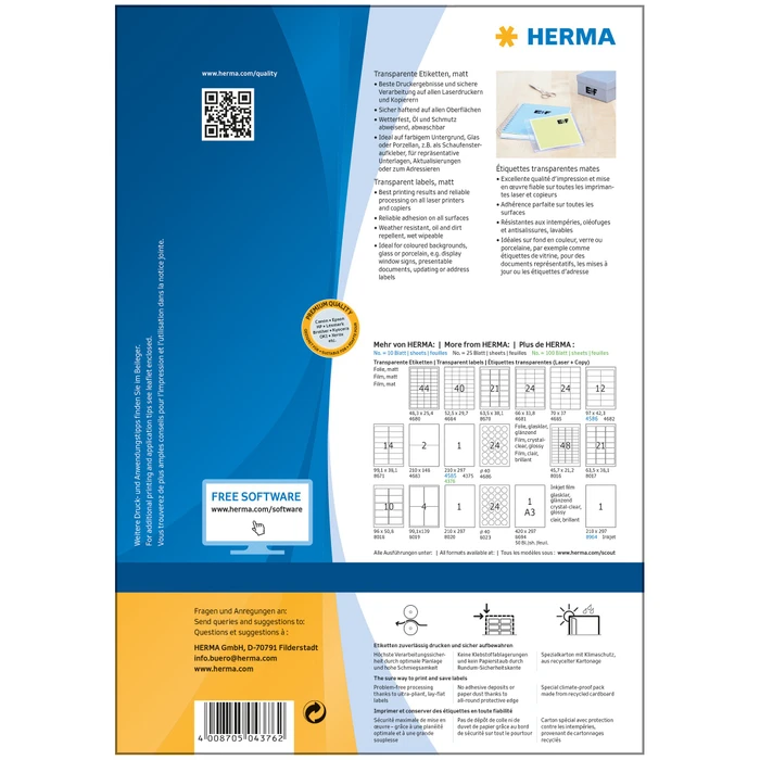 Herma Folienetiketten, A4, wetterfest, transparent, matt, 100 Blatt (100 Etiketten)