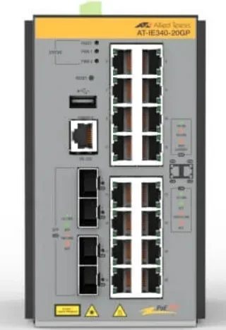 Allied Telesis IE340 Industrial Railmount Gigabit Managed Switch, 16x RJ-45, 4x SFP, 240W PoE+