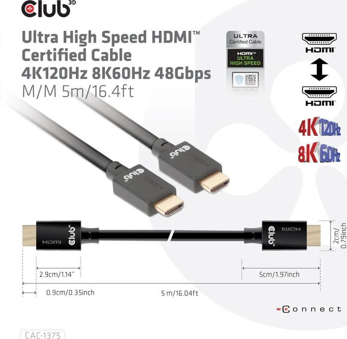 Club 3D Ultra High Speed HDMI 2.1 Kabel 4K120Hz, 8K60Hz, 48Gbps zertifiziert, 5m