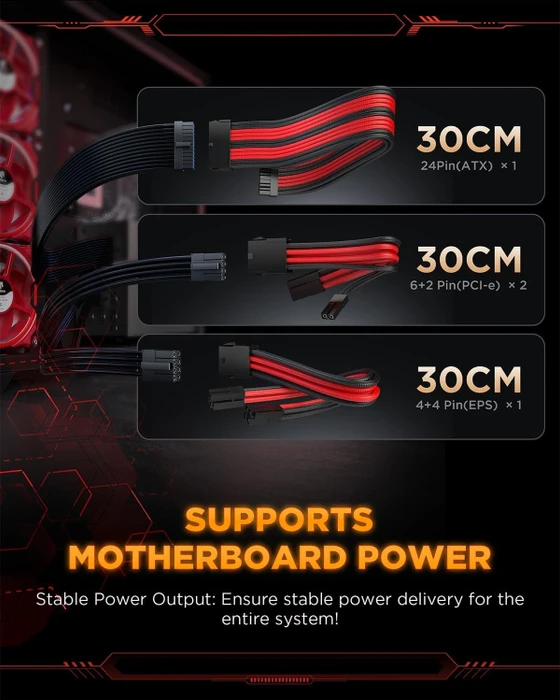 AsiaHorse GPU/CPU Cable Extension Kit, 1x 24-Pin, 1x 4/8-Pin ATX, 2x 8-Pin PCIe, 16AWG, rot/schwarz, 30cm