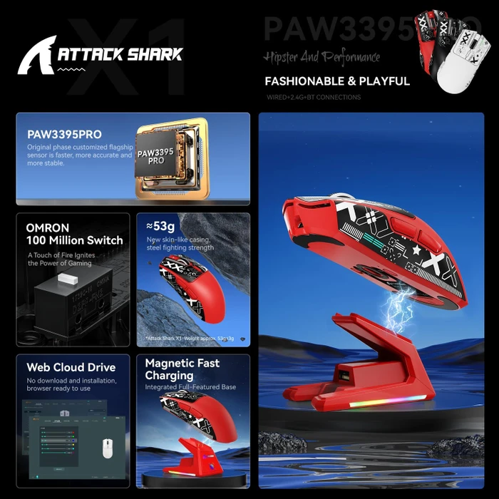 Attack Shark X1 Tri-mode Wireless Gaming Mouse mit Ladestation, rot, inkl. Grip Tape, USB/Bluetooth