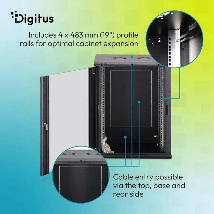 Digitus Dynamic-N Serie 19" Wandgehäuse 16HE, unmontiert, Sicherheitsglastür, IP2X, RAL 9005, 450mm tief