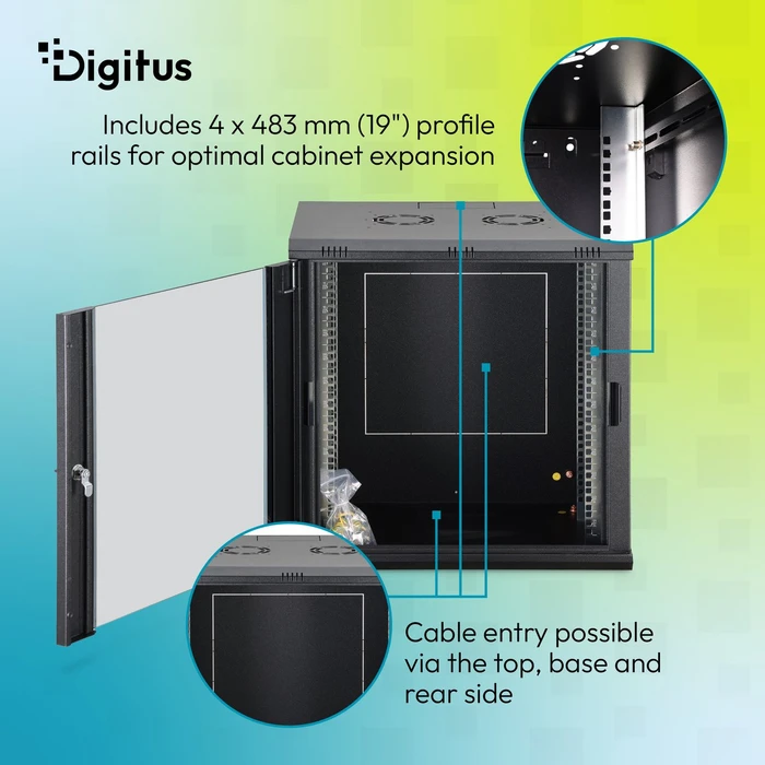 Digitus Dynamic-N Serie 19" Wandgehäuse 12HE, unmontiert, Sicherheitsglastür, IP2X, RAL 9005, 450mm tief