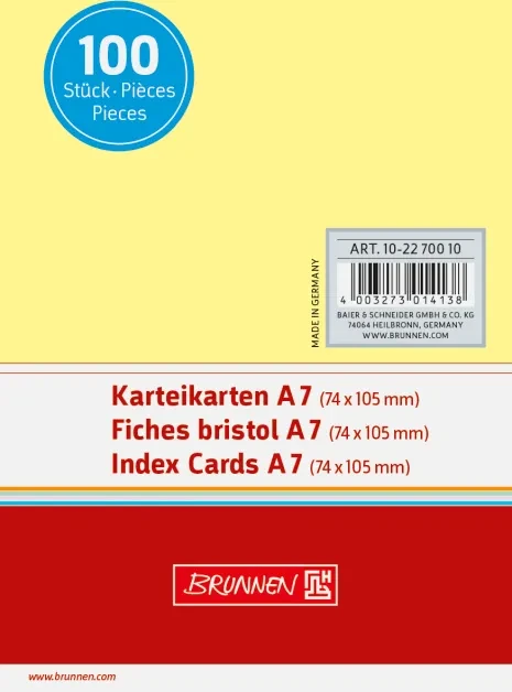 Brunnen Karteikarten, A7, glatt, gelb, 100 Blatt