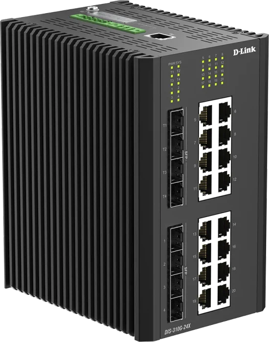 D-Link DIS-310G Industrial Railmount Gigabit Managed Switch, 24x RJ-45, 4x SFP, 4x SFP+