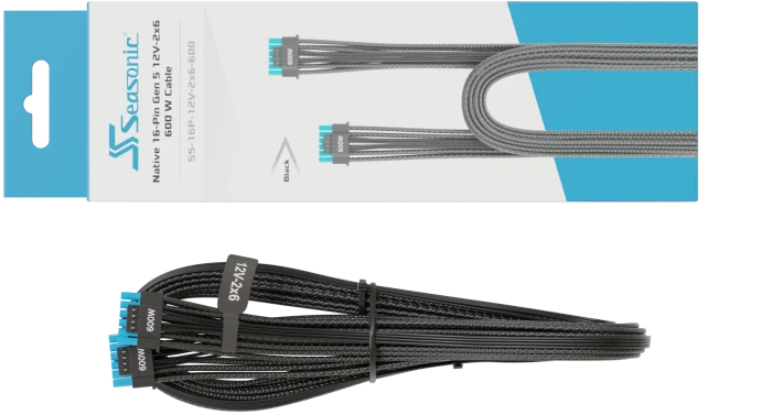 Seasonic 12V-2x6 Kabel, natives 12V-2x6 Kabel, 1x 16-Pin PCIe 5.1 Stecker auf 16-Pin PCIe 5.1 Stecker, schwarz, 70cm