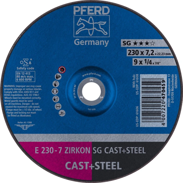 Pferd E 230-7 ZIRKON SG CAST+STEEL Schleifscheibe, 230x7.2x22.23mm, 10 Stück