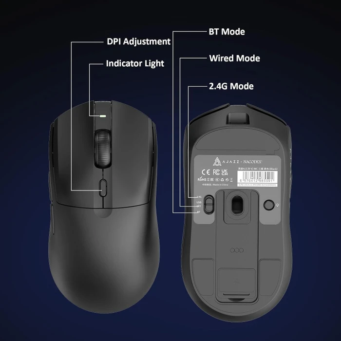 Ajazz AJ139 V2 MC Gaming Mouse mit Ladestation, schwarz, USB/Bluetooth