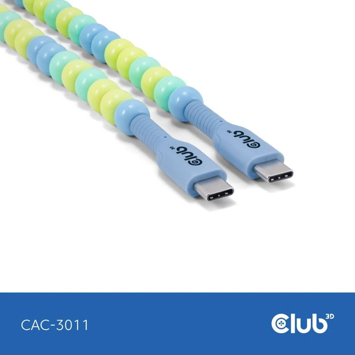 Club 3D USB-C Perlenkabel, 480Mb/s, 60W PD, USB-C 2.0 Stecker auf USB-C 2.0 Stecker, 2m, blau