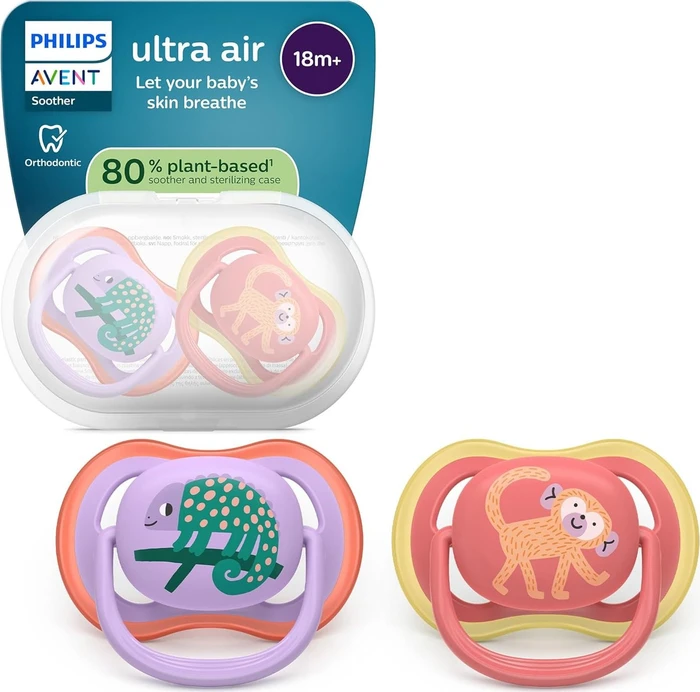 Philips Avent SCF349/47 Ultra Air Beruhigungsschnuller, 18+M, Silikon, chamäleon/affe, 2 Stück