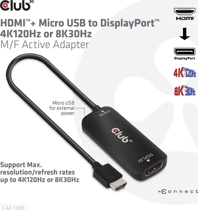 Club 3D aktives DisplayPort 1.4/HDMI 2.1 Adapterkabel schwarz, 0.15m