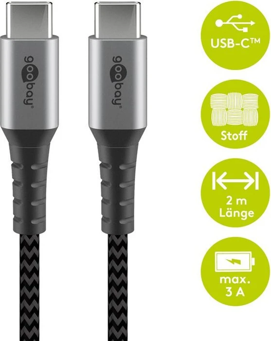 Wentronic USB-C auf USB-C Textilkabel mit Metallsteckern 2.0m grau/silber