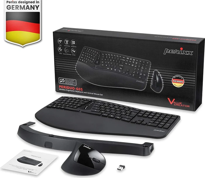 Perixx Periduo 605 Wireless Ergonomic Split Keyboard and Vertical Mouse Combo schwarz, USB, UK