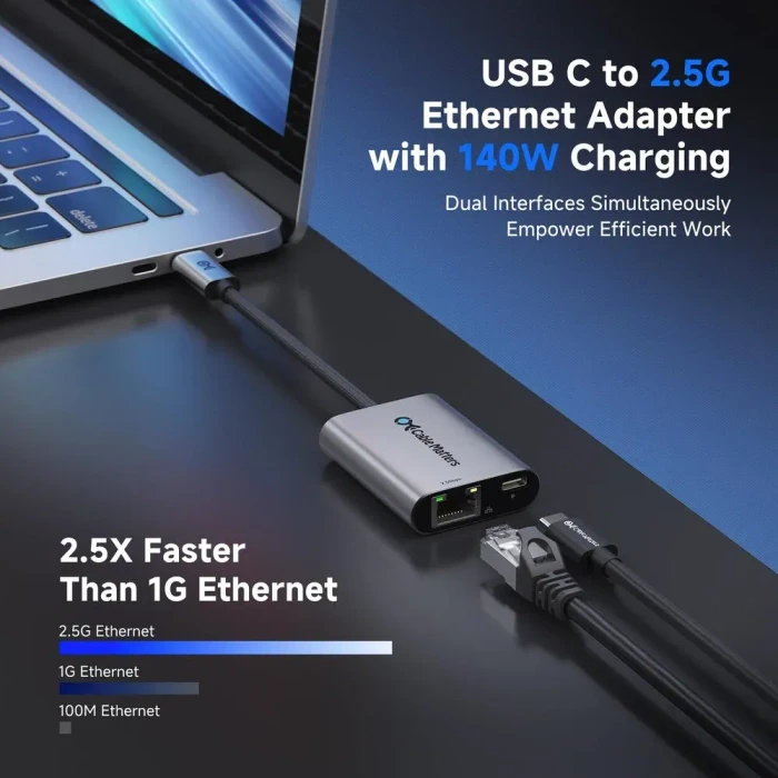 Cable Matters 2.5G LAN-Adapter mit 140W Power Delivery, RJ-45, USB-C 3.0 [Stecker]