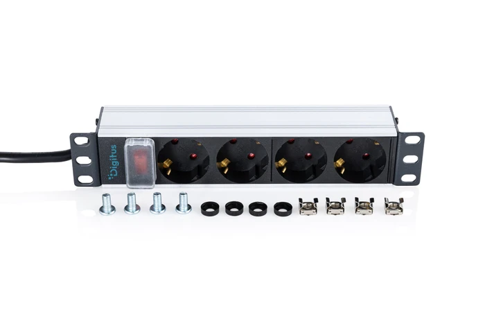 Digitus 10" Steckdosenleiste, mit Schalter, 1HE, 4-fach, 250V, grau, 2m