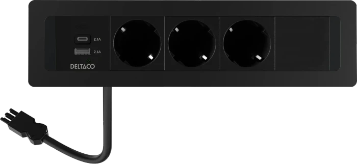 Deltaco GT-1303 Steckdosenleiste für Einbaumontage, 3-fach, 1x USB-A/1x USB-C, schwarz