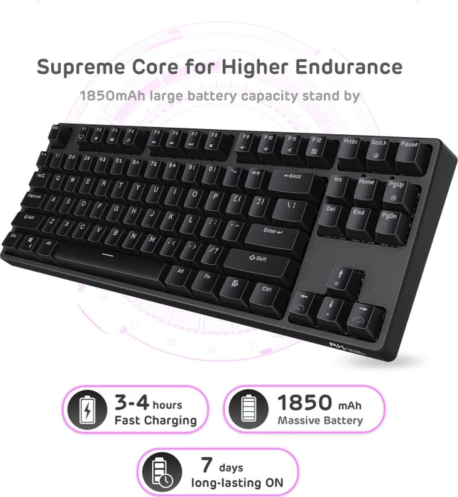 RK Royal Kludge RK87 Wireless TKL, LEDs RGB, schwarz, RK BROWN, USB, US