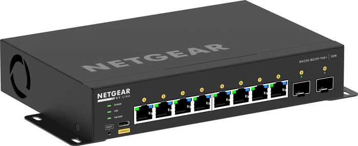 Netgear AV Line M4250 Desktop Gigabit Managed Switch, 8x RJ-45, 2x SFP+, 220W PoE+