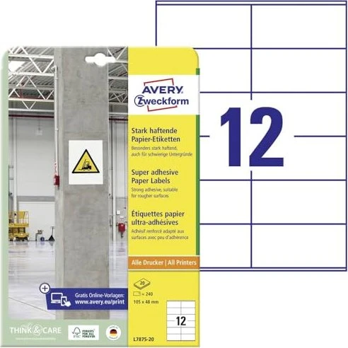 Avery-Zweckform Etiketten, 105x48mm, weiß, 20 Blatt (240 Etiketten)