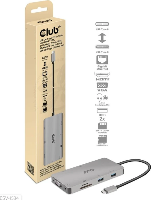 Club 3D 9-in-1 Hub, USB-C 3.0 [Stecker]
