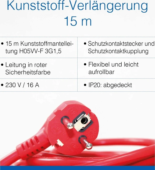 as-Schwabe Kunststoff Verlängerungskabel IP20 rot, H05VV-F 3G1.5, 15m